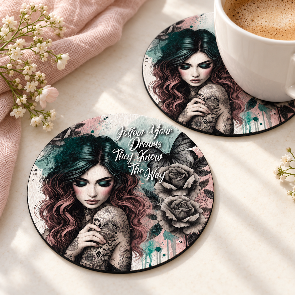 Follow Your Dreams They Know The Way Round coaster set of two with thin black rubber backing