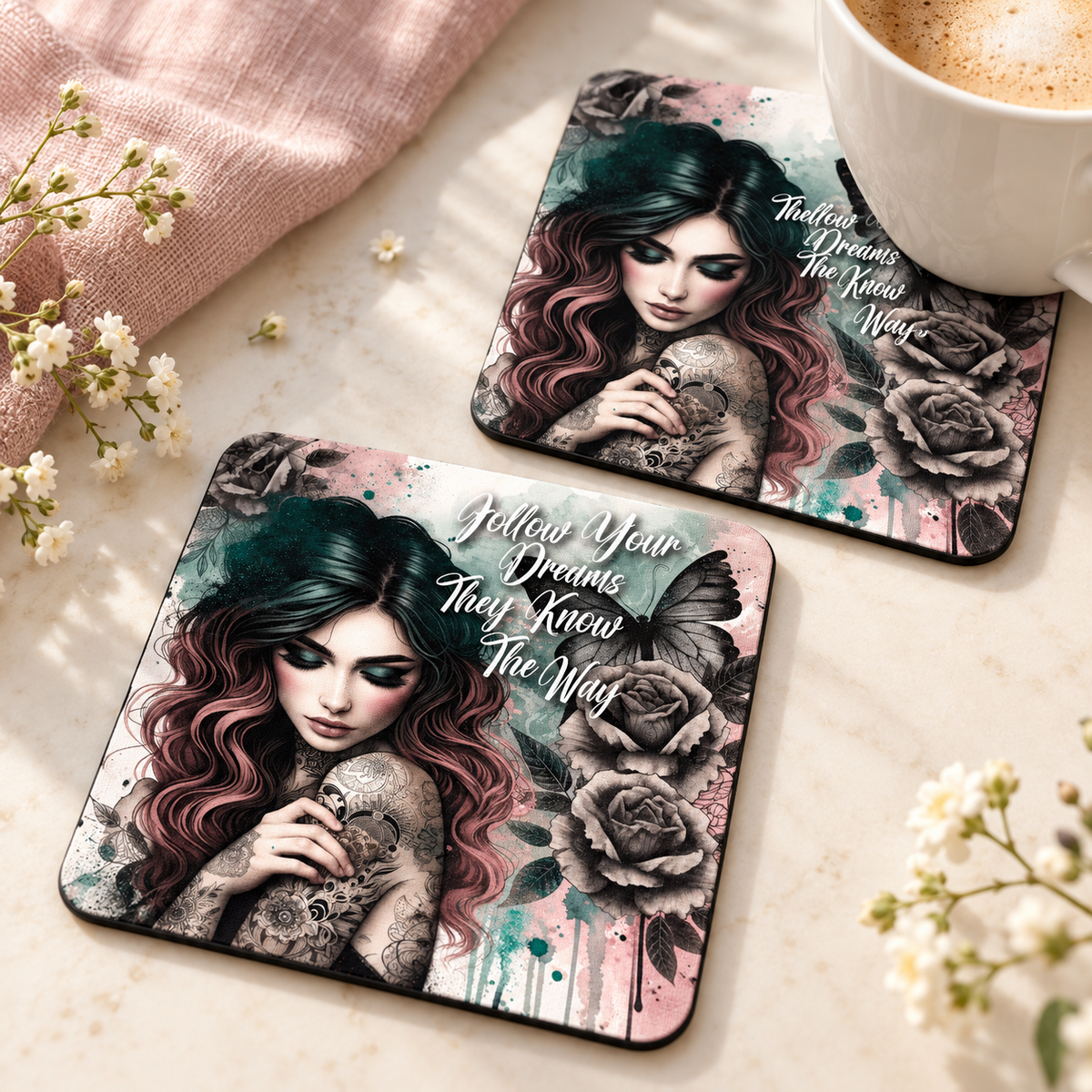 Follow Your Dreams They Know The Way Square coaster set of two with thin black rubber backing