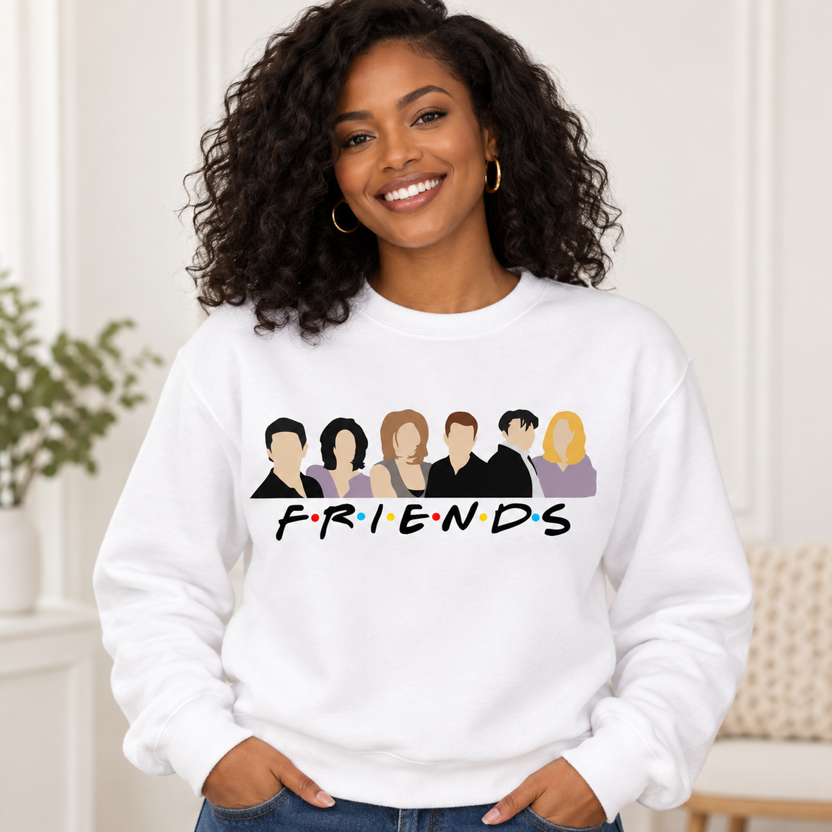 Friends Cast Group on White Crewneck