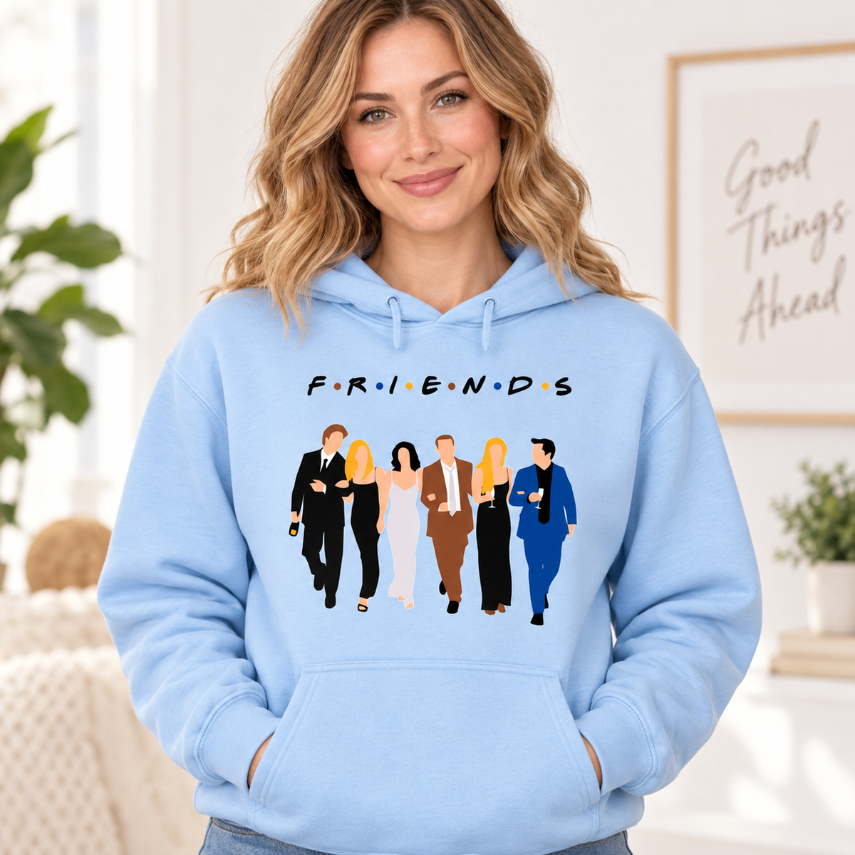 Friends Character Lineup on Light Blue Hoodie