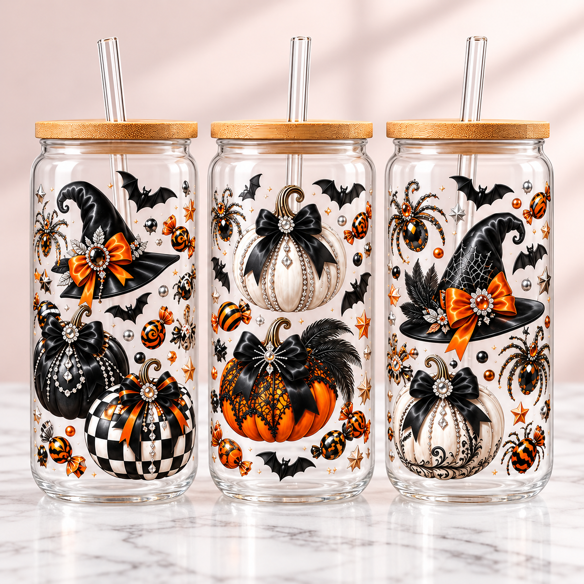 Glam Black & Orange Jeweled Halloween Glass Can Tumbler — clear; complementary views of one product