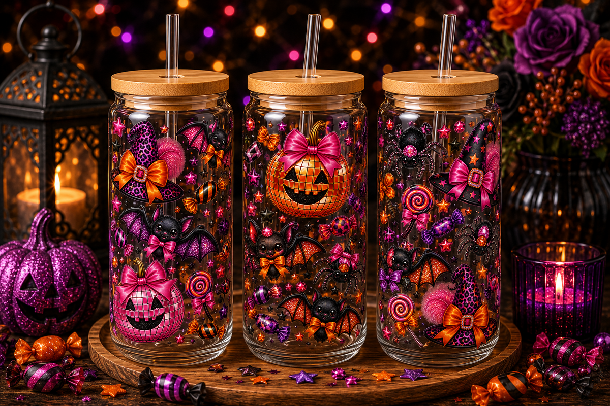 Glam Pink Disco Halloween Glass Can Tumbler – alternate lifestyle view