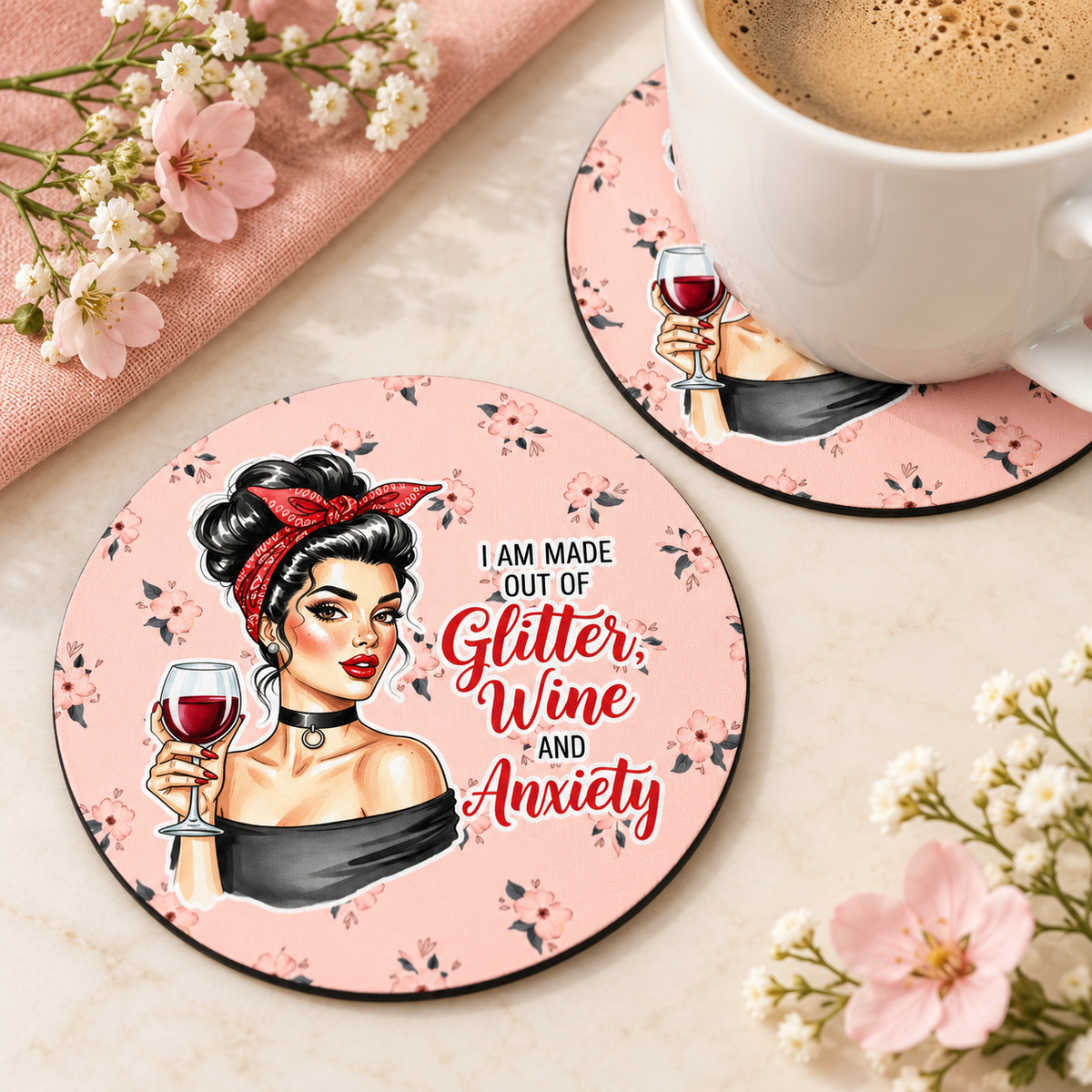 Glitter Wine and Anxiety – Retro Confetti round coaster set of two with thin black rubber backing