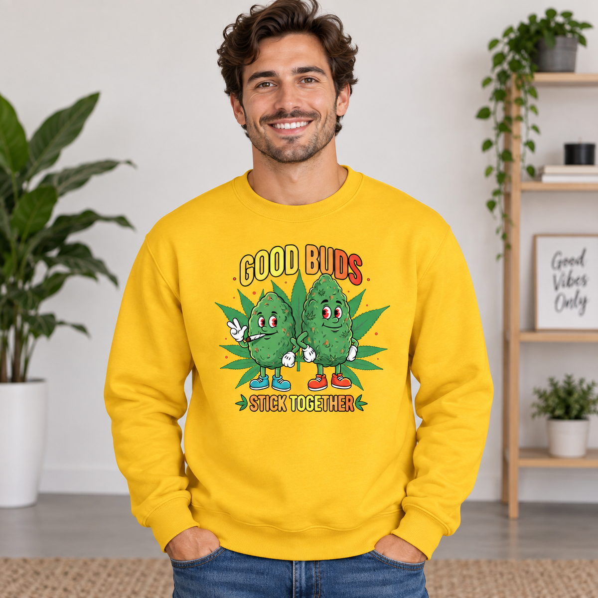 Good Buds Stick Together Graphic Apparel on Yellow Crewneck