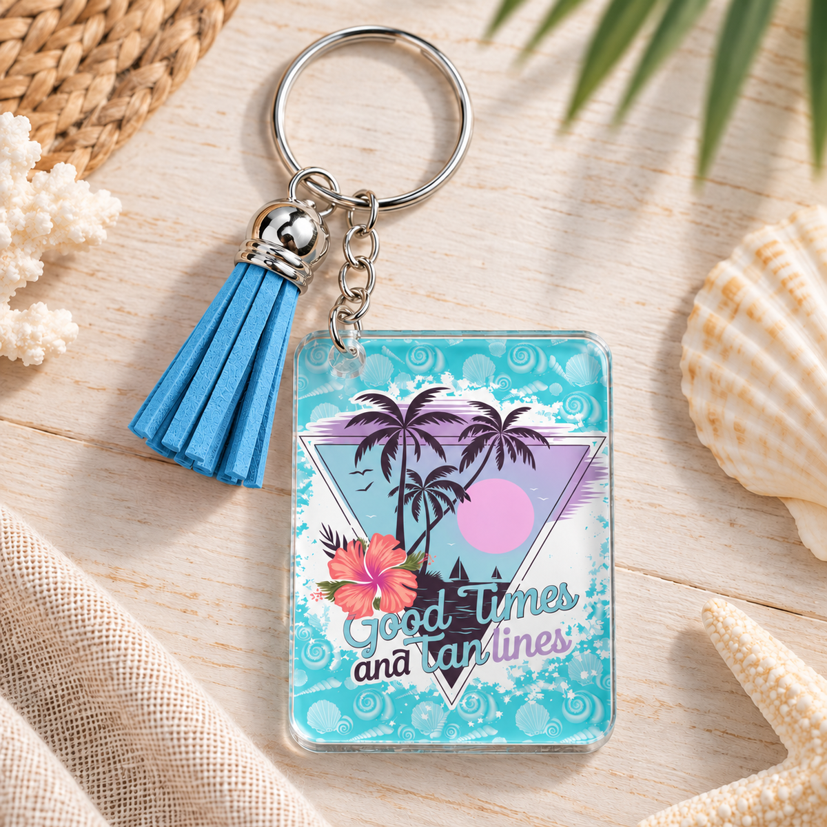 Good Times & Tan Lines keychain with blue tassel