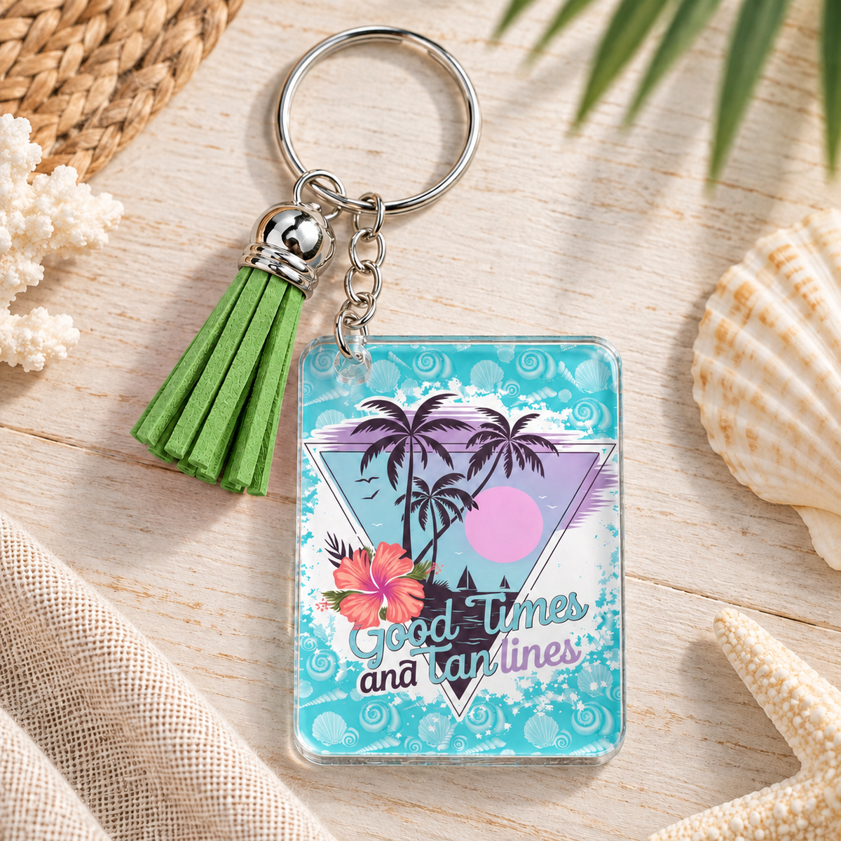 Good Times & Tan Lines keychain with green tassel