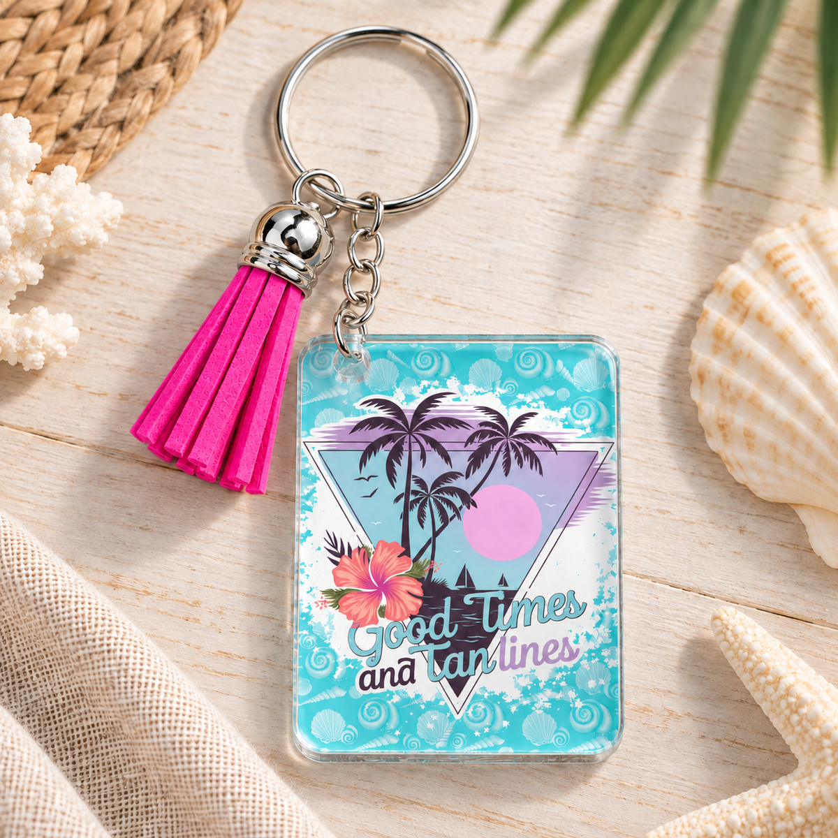 Good Times & Tan Lines keychain with hot pink tassel