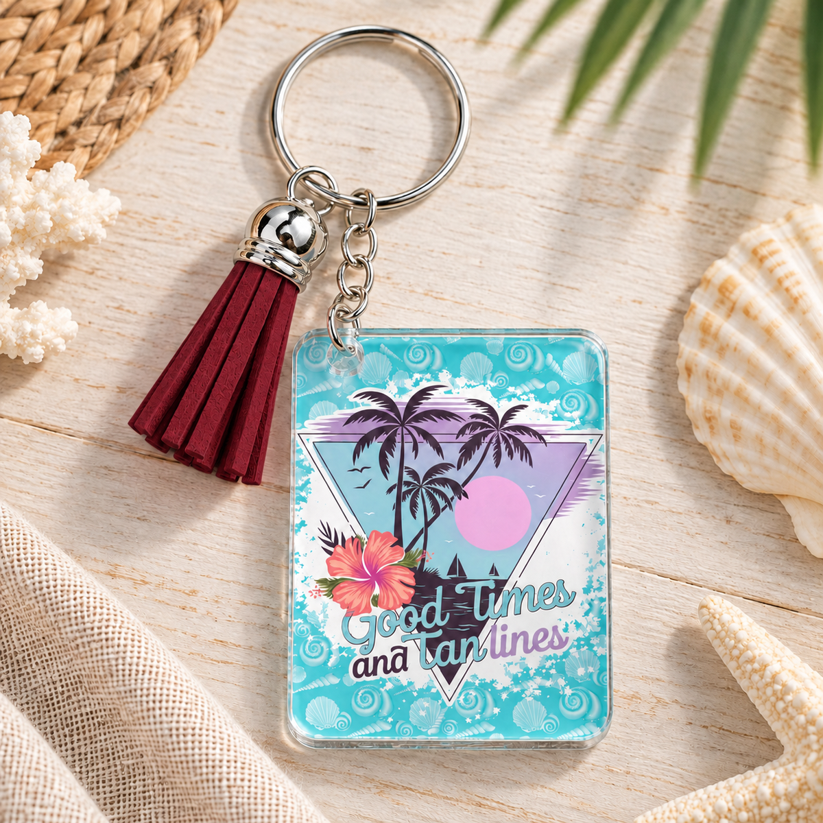 Good Times & Tan Lines keychain with maroon tassel