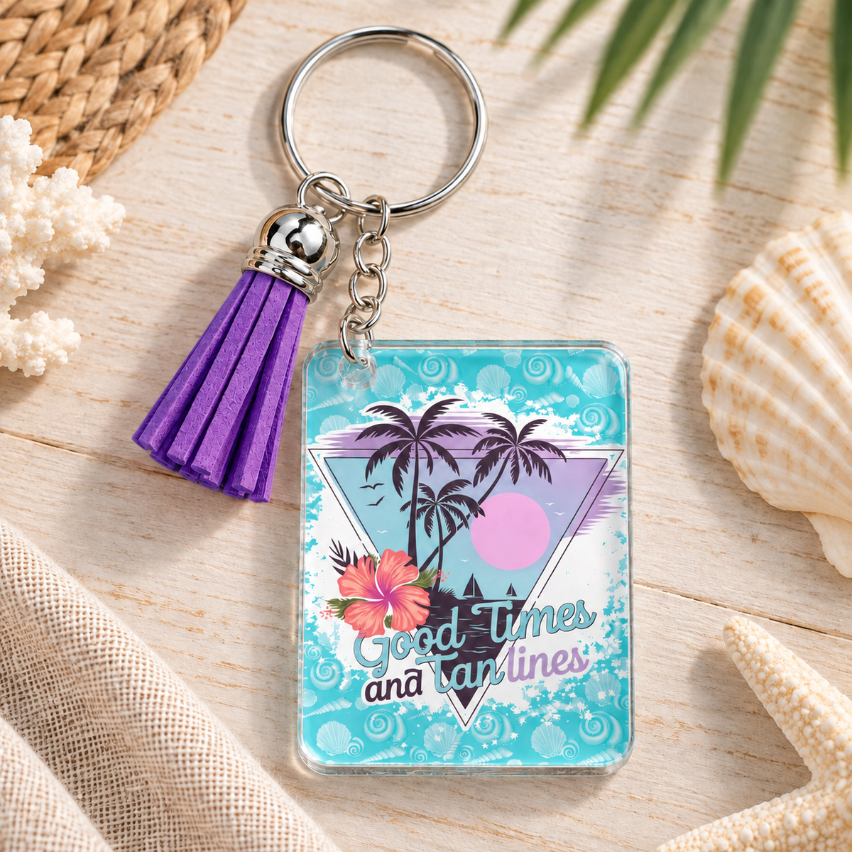 Good Times & Tan Lines keychain with purple tassel