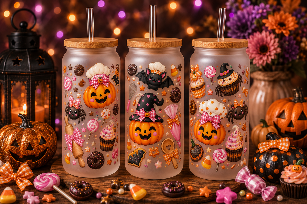 Halloween baking treats 16 oz glass can tumbler with bamboo lid and straw