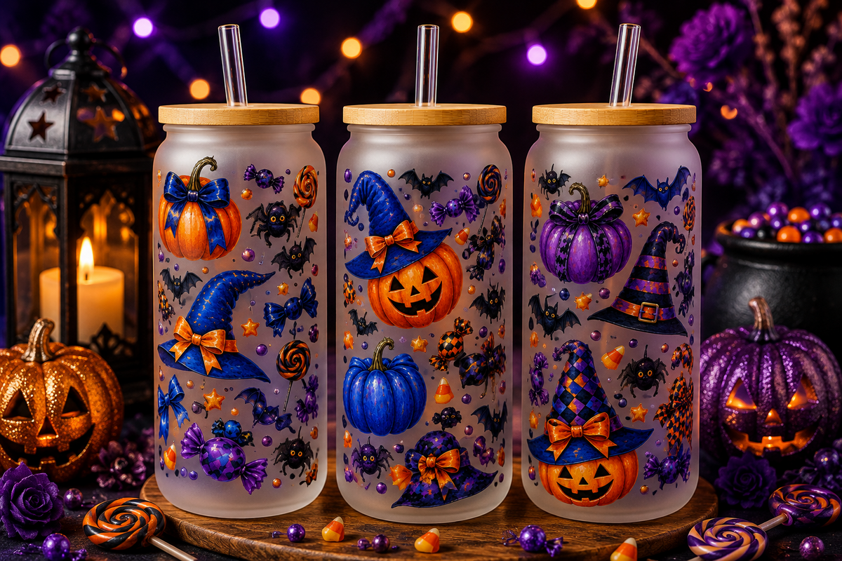 Blue purple orange witch hats pumpkins bats and candy Halloween tumbler