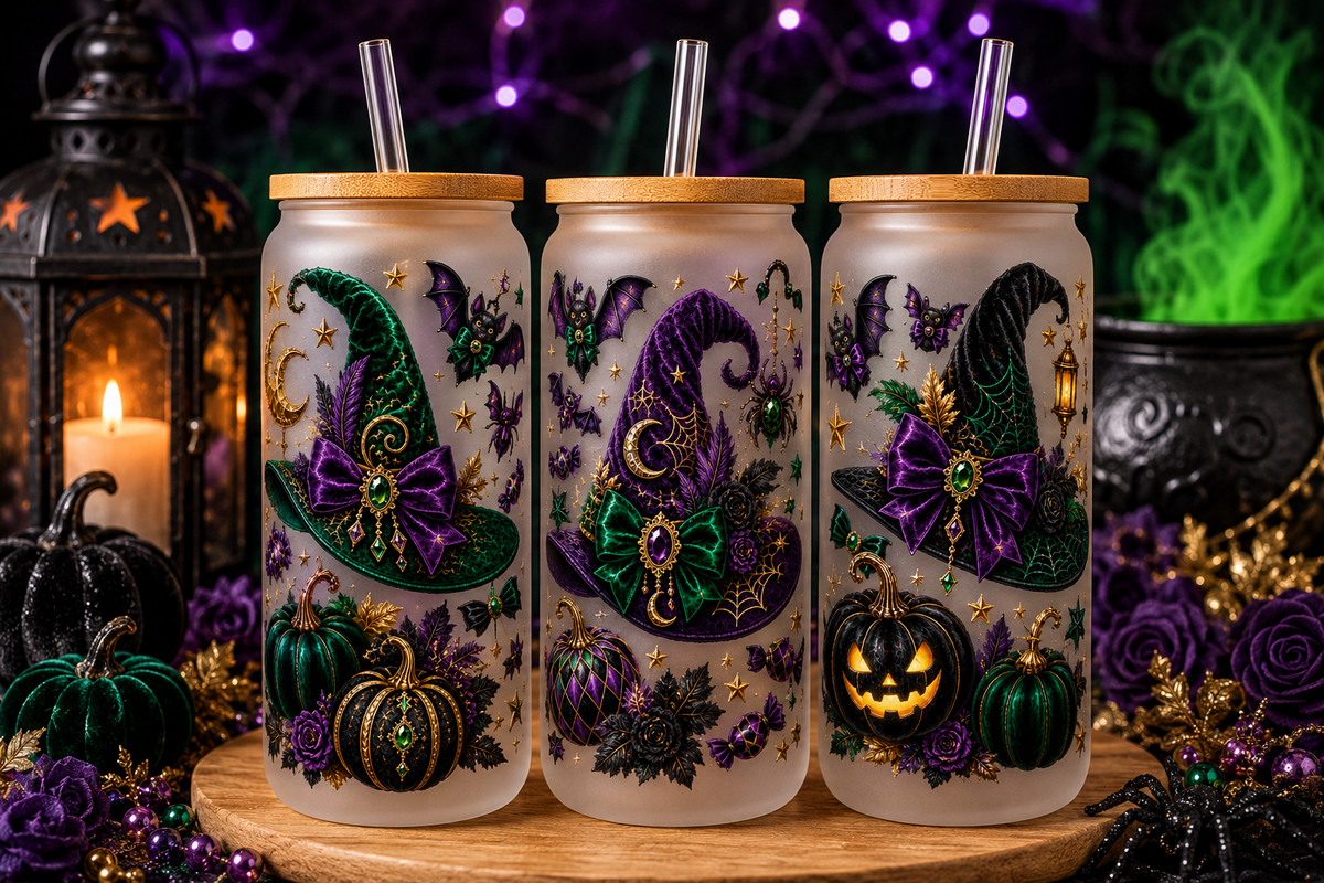 Emerald green purple jeweled witch hats pumpkins and bats Halloween tumbler