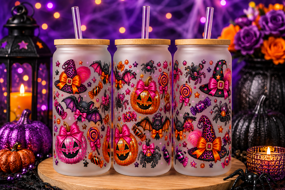 Glam pink orange disco pumpkins witch hats bats and candy Halloween tumbler