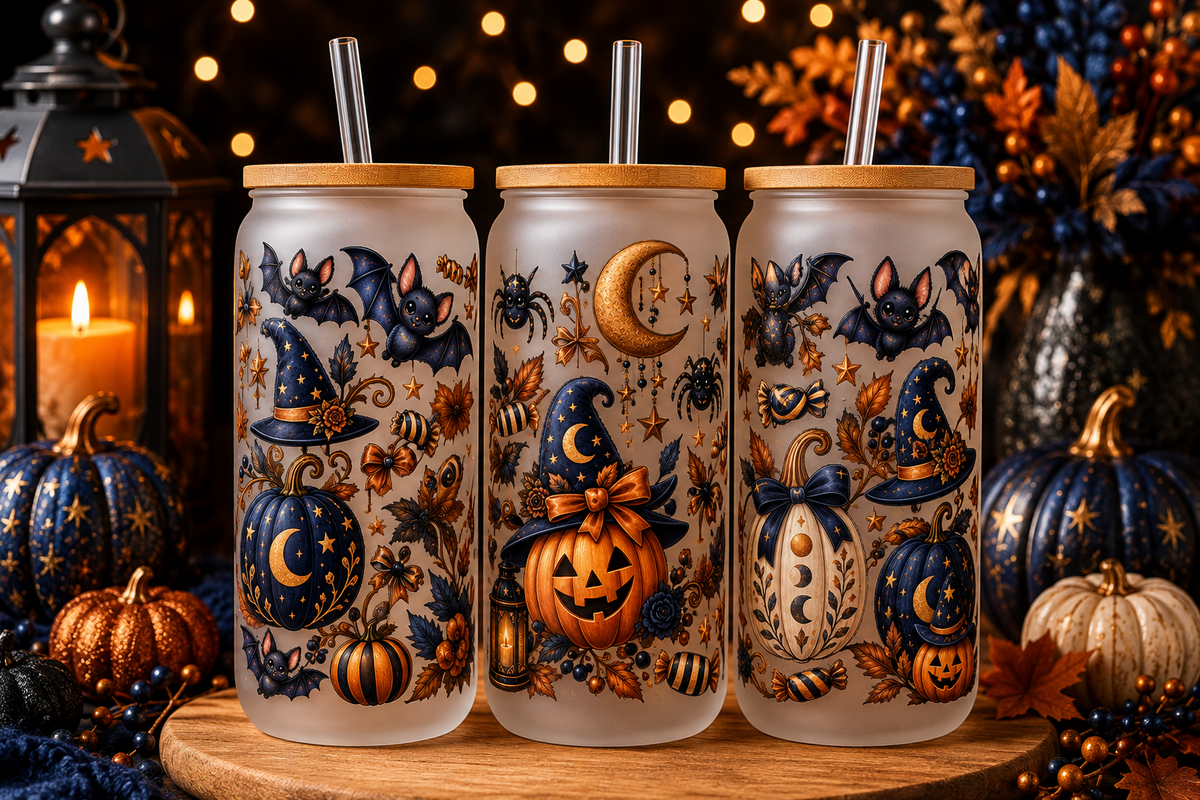 Navy blue gold celestial pumpkins bats and witch hats Halloween tumbler