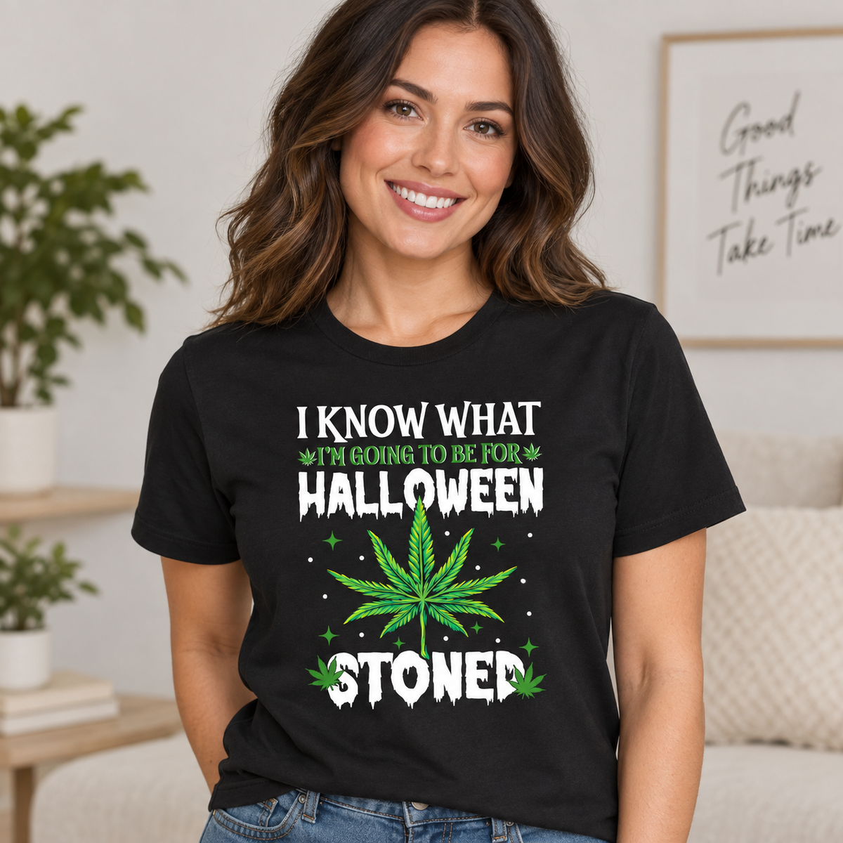 Halloween Stoned Graphic Apparel on a black T-Shirt