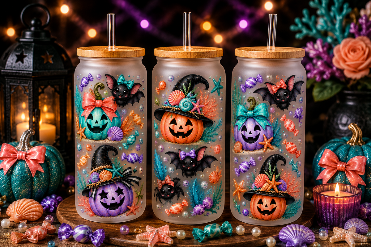 Under the sea pumpkin Halloween 16 oz glass can tumbler with bamboo lid and straw