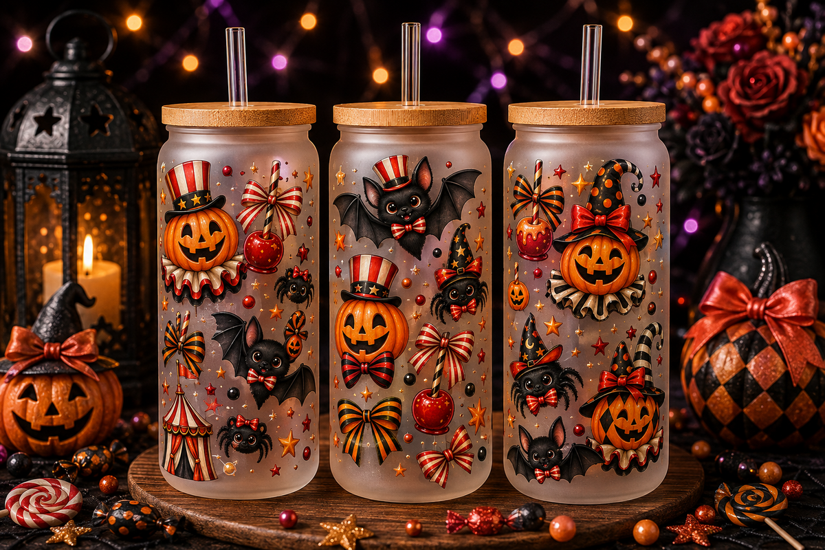 Vintage carnival pumpkin Halloween 16 oz glass can tumbler with bamboo lid and straw