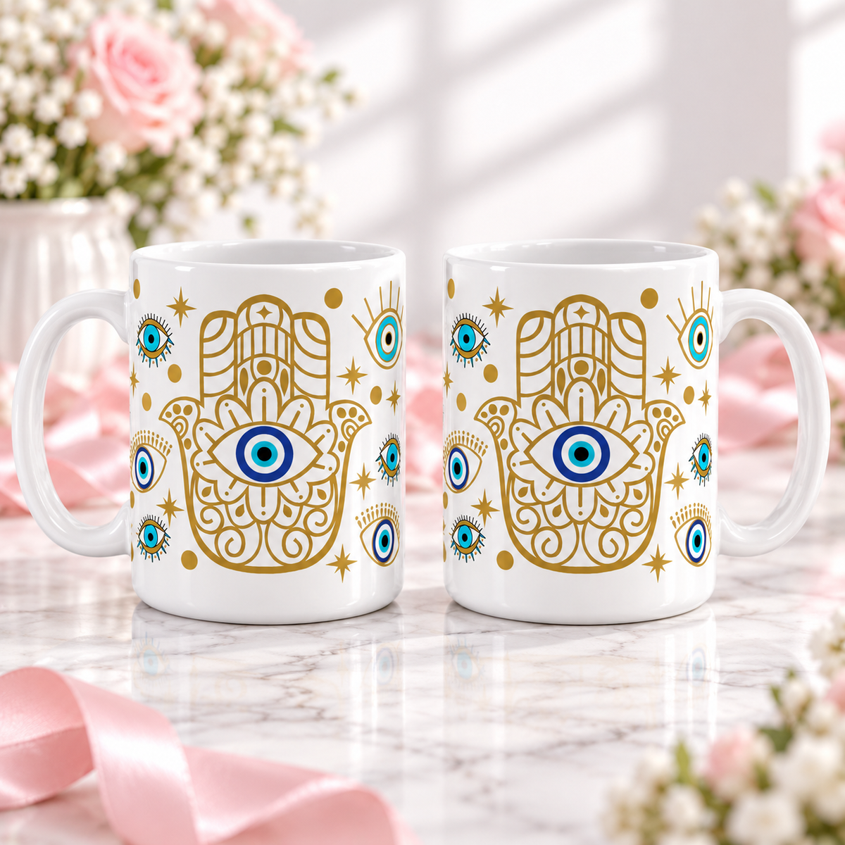 Hamsa Evil Eye Mug – Boho Protection Symbol Coffee Cup — mug; complementary views of one product