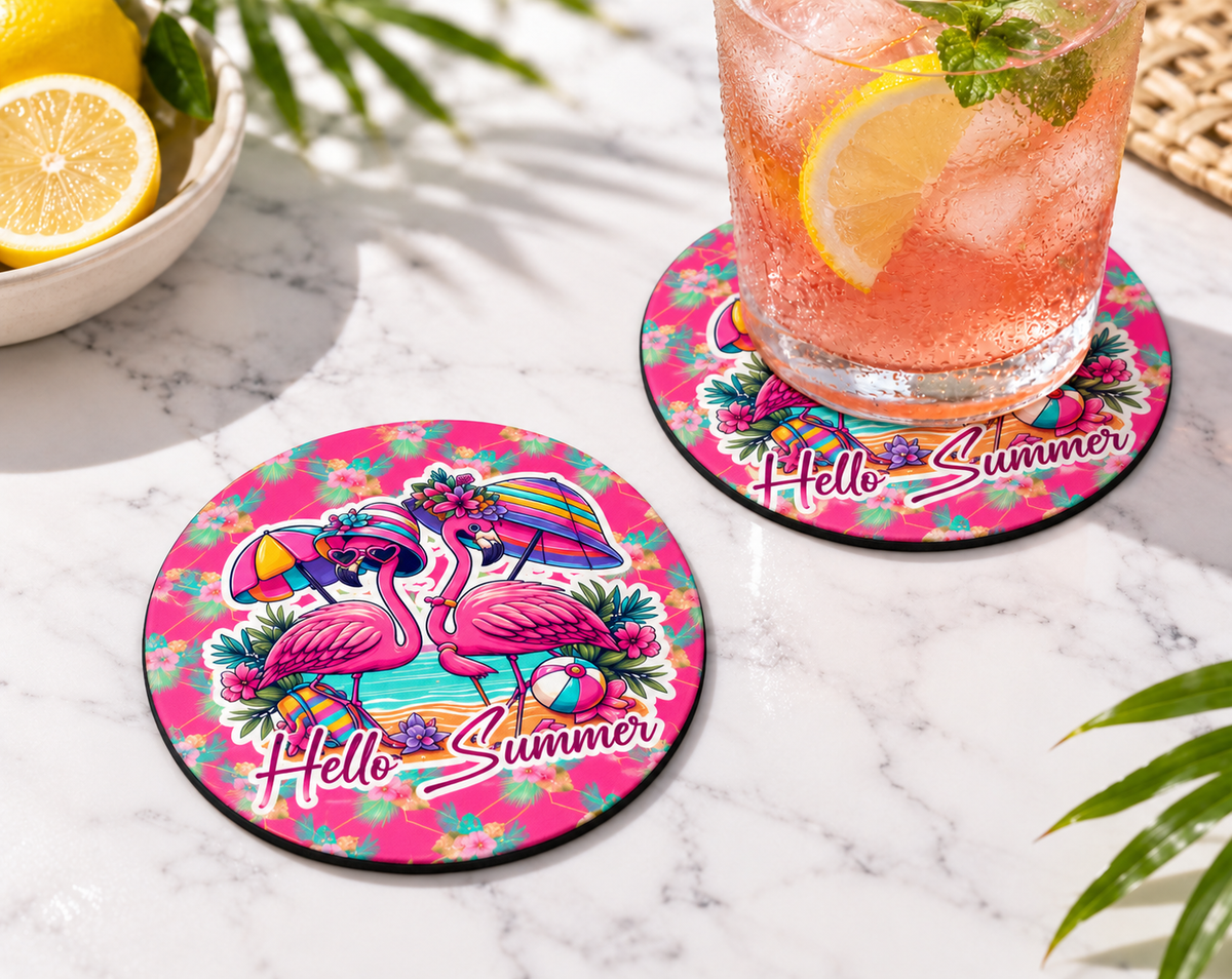 Hello Summer Flamingo Coaster – Tropical Beach Home Decor — Round set of 2