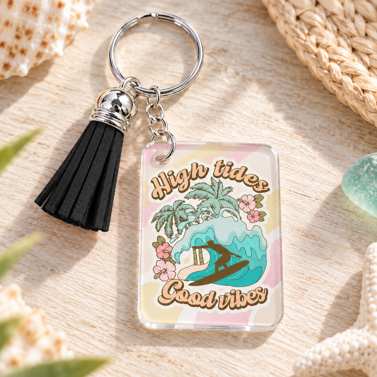 High Tides Good Vibes keychain with black tassel