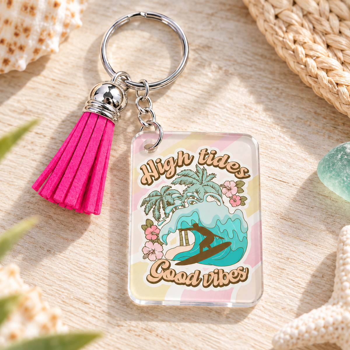 High Tides Good Vibes keychain with hot pink tassel