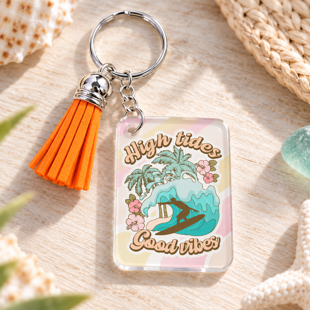 High Tides Good Vibes keychain with orange tassel