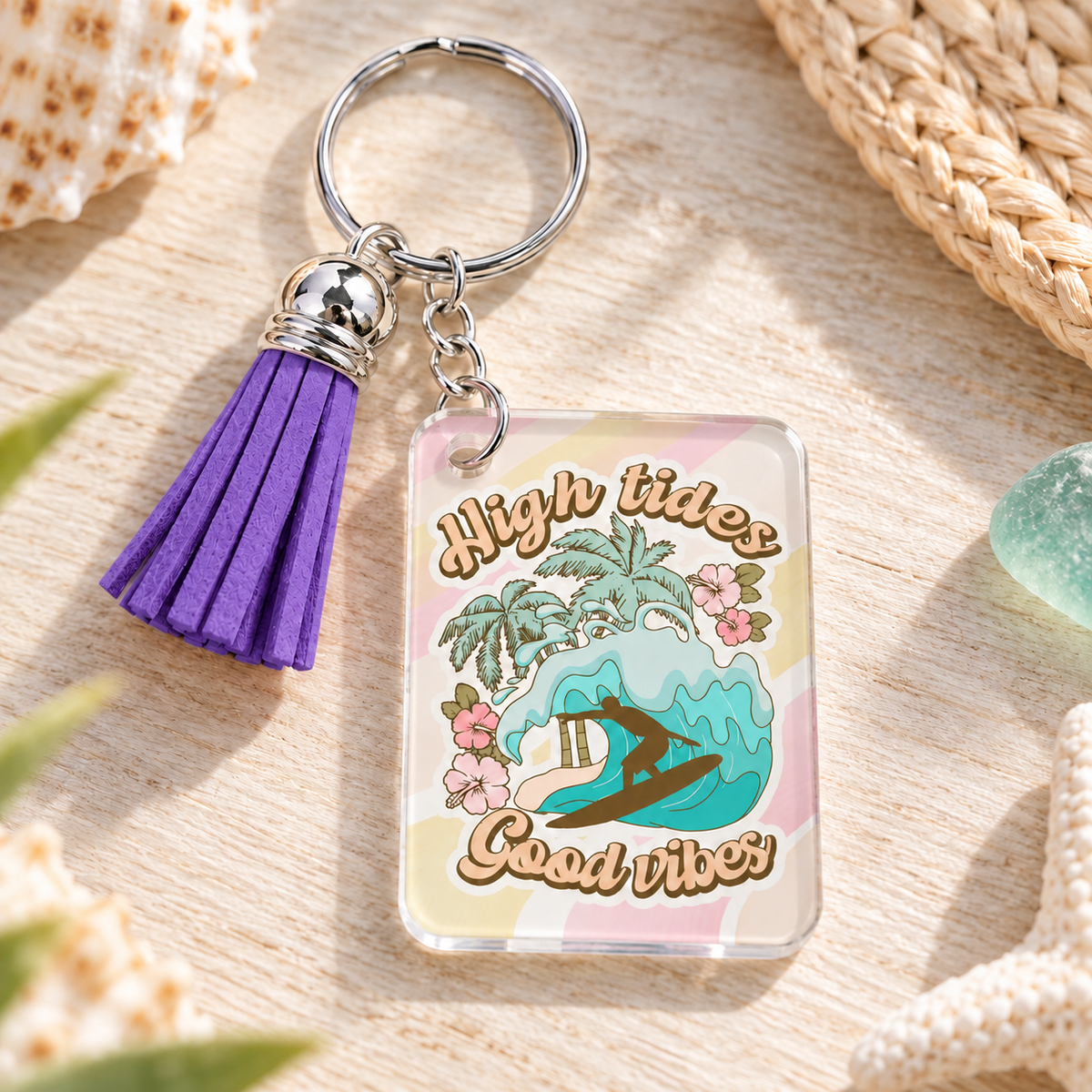 High Tides Good Vibes keychain with purple tassel