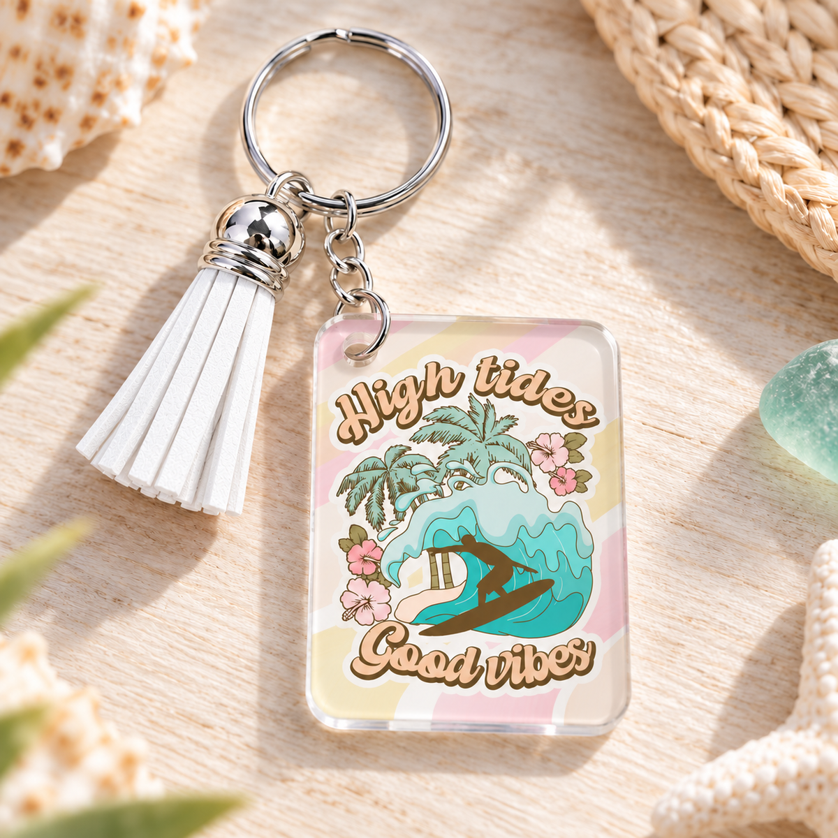 High Tides Good Vibes keychain with white tassel