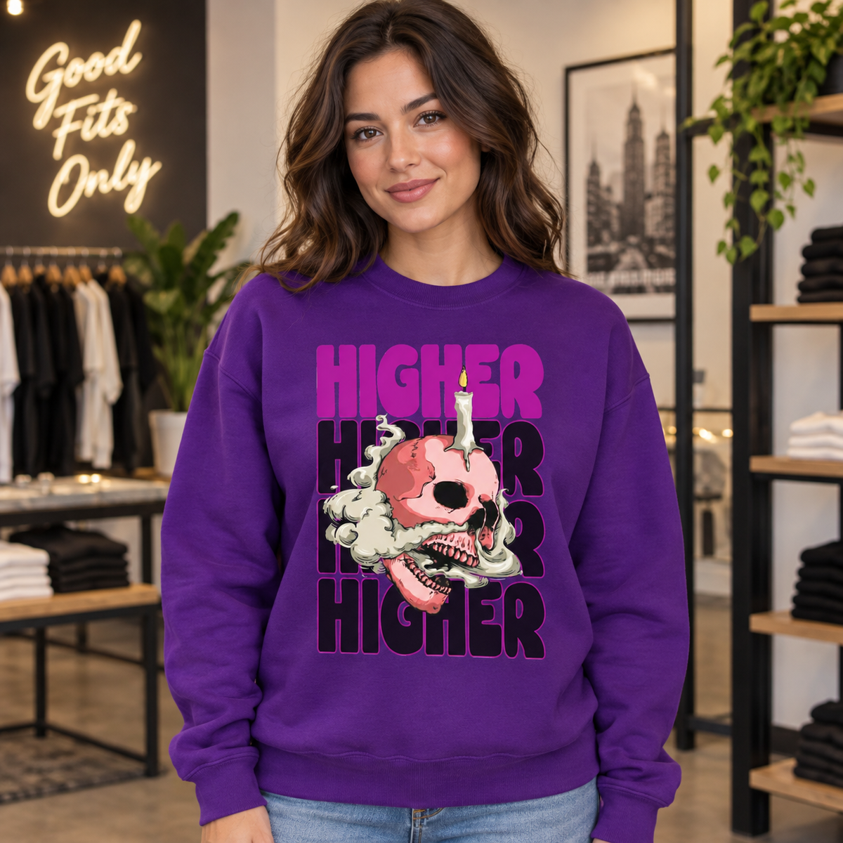 Higher Skull on Purple Crewneck