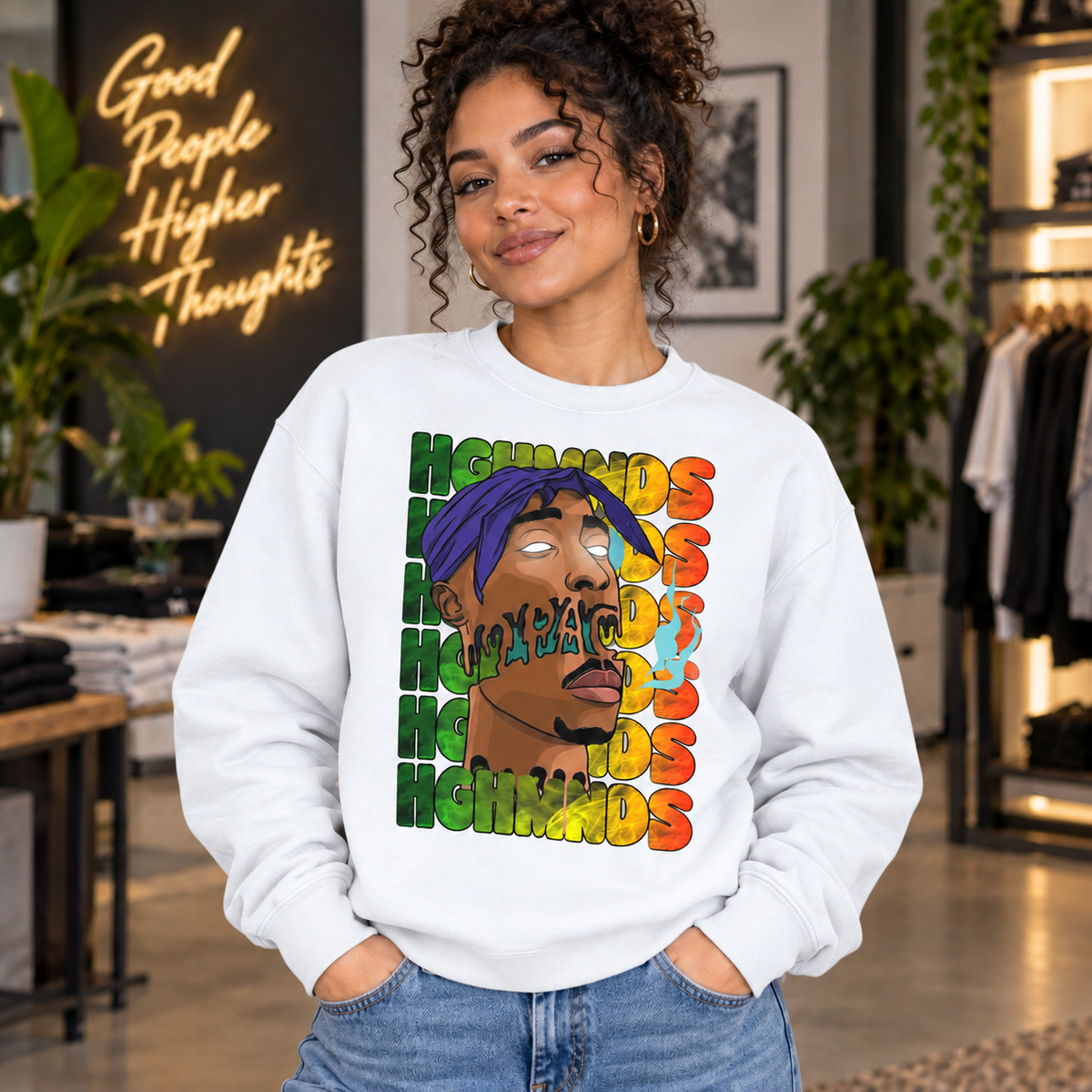 Highminds Graphic Apparel on White Crewneck