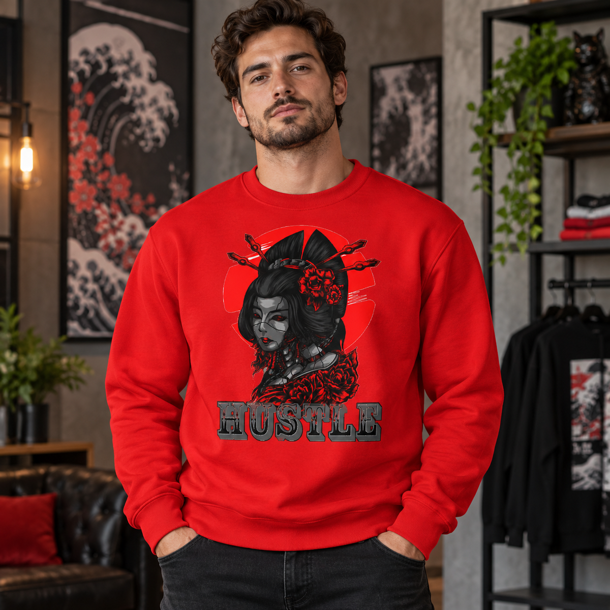 Hustle Geisha Graphic Apparel β Red Crewneck; one garment per purchase