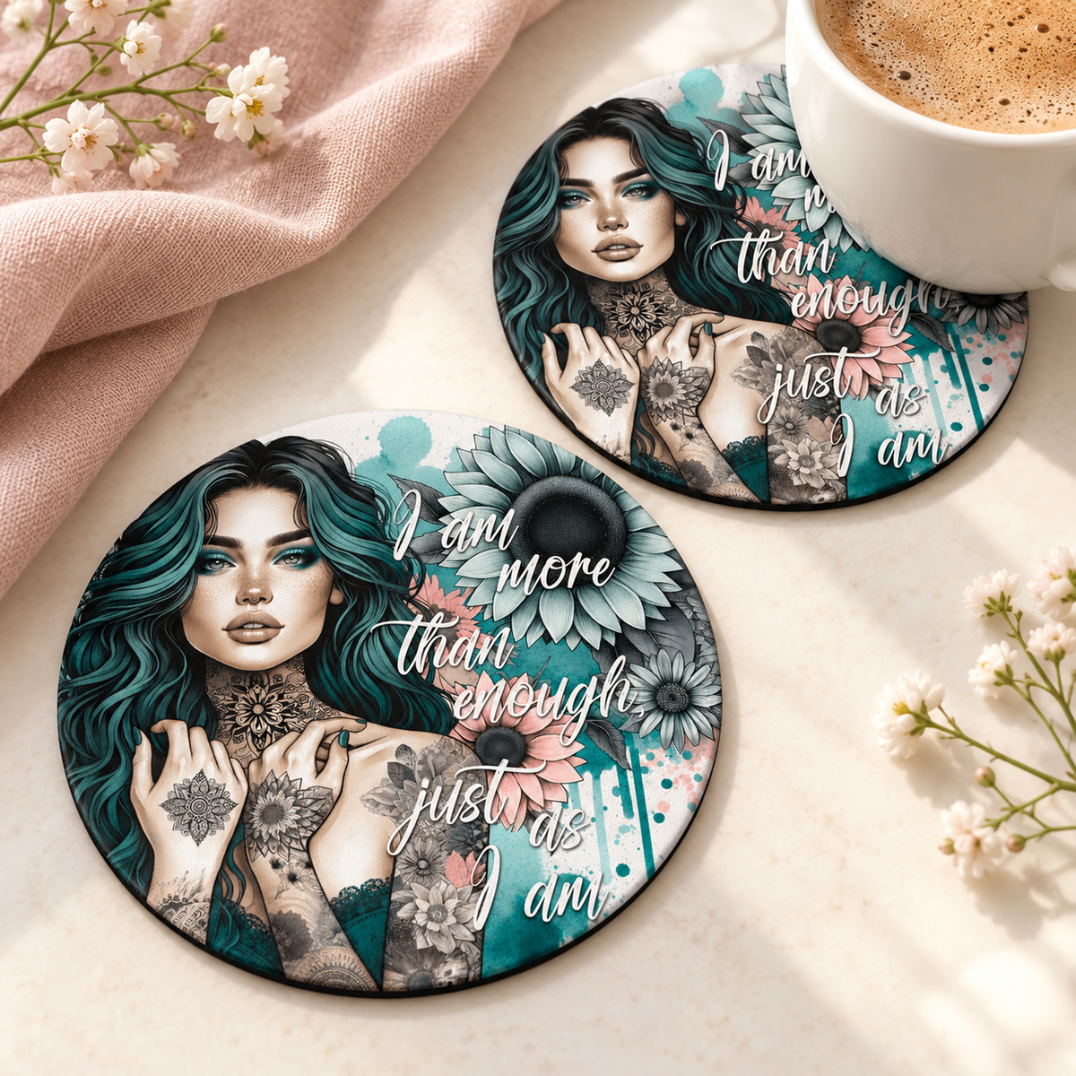 I am more than enough just as I am Round coaster set of two with thin black rubber backing