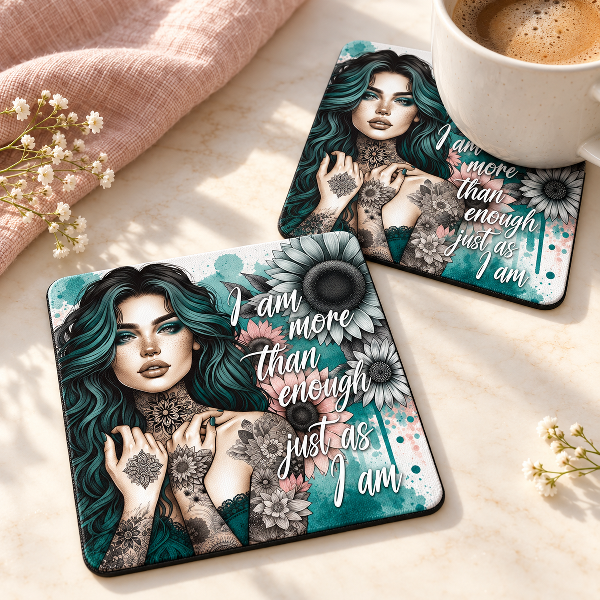 I am more than enough just as I am Square coaster set of two with thin black rubber backing