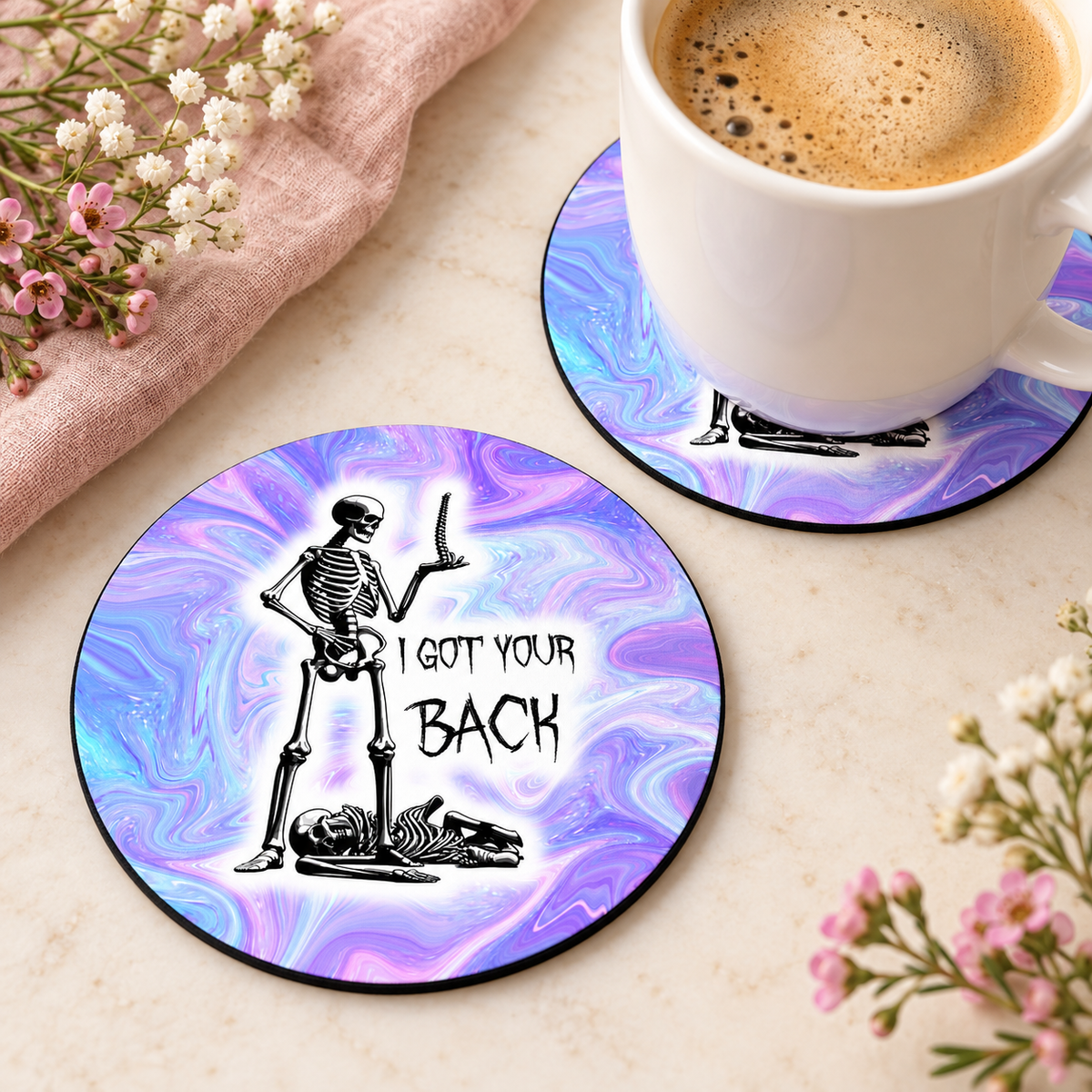 I Got Your Back round coaster set of two with thin black rubber backing