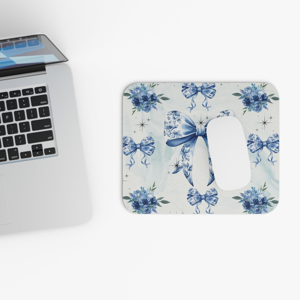 Blue Floral Bow — Elegant Vintage-Inspired Desk Mat