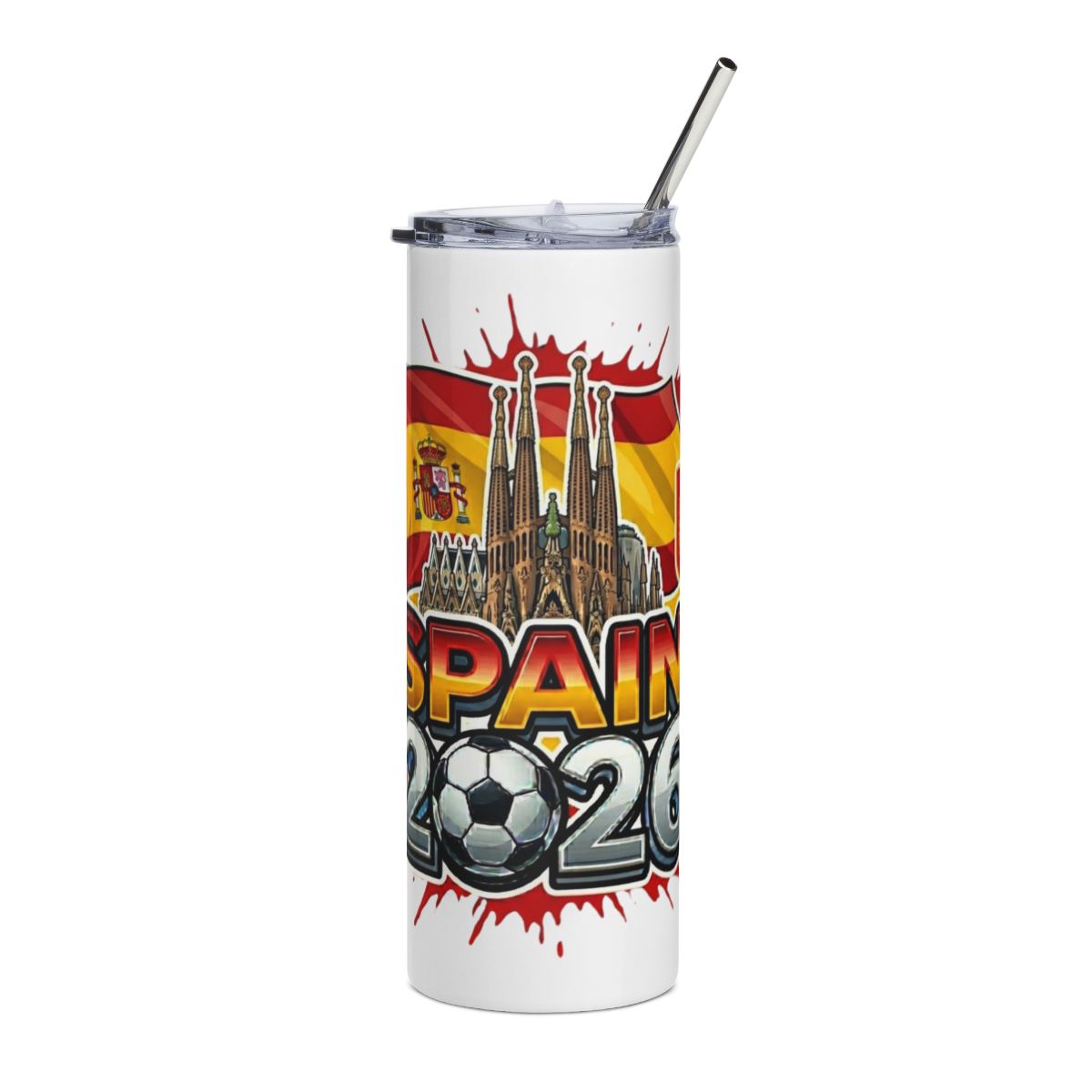 Spain 2026 football tumbler with red and yellow soccer design