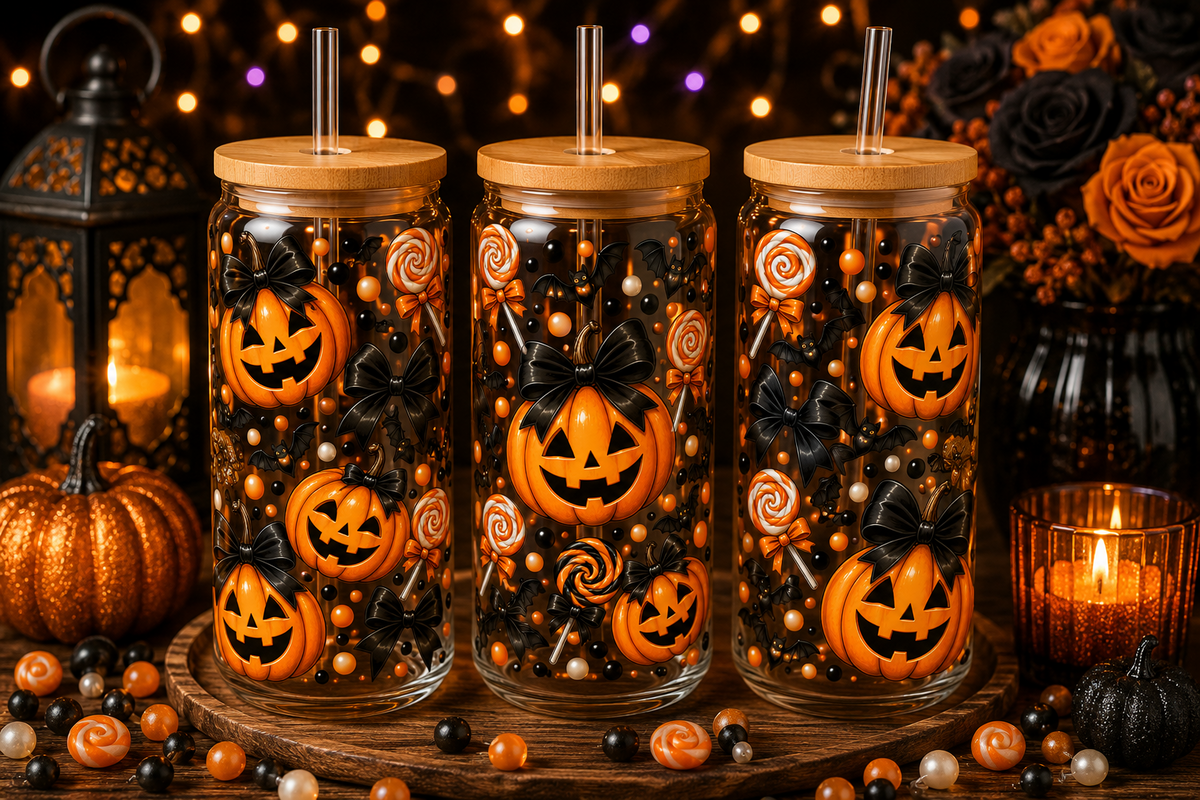 Jack-O'-Lantern & Black Bow Halloween Glass Can Tumbler – alternate lifestyle view