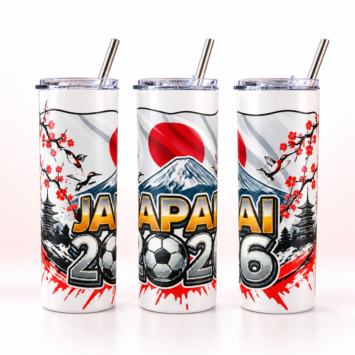 Japan 2026 Football Tumbler – Rising Sun Soccer Fan Cup — three views