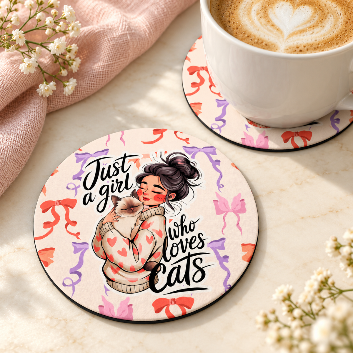 Just a Girl Who Loves Cats Round coaster set of two with thin black rubber backing