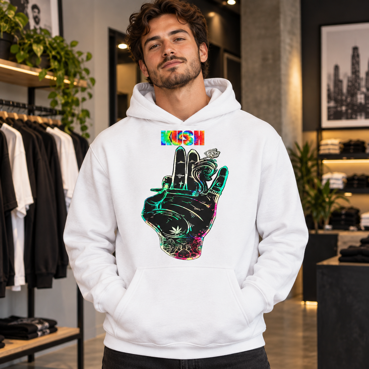 Kush Hand on White Hoodie