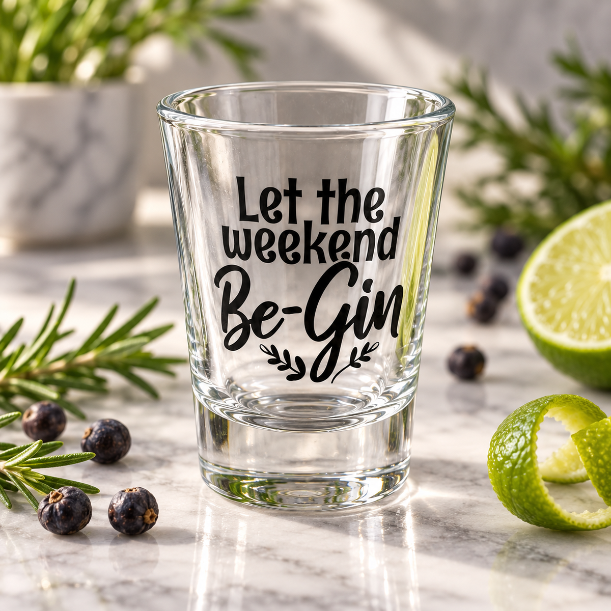 "Let the Weekend Be-Gin" Funny Gin Shot Glass – realistic lifestyle mockup