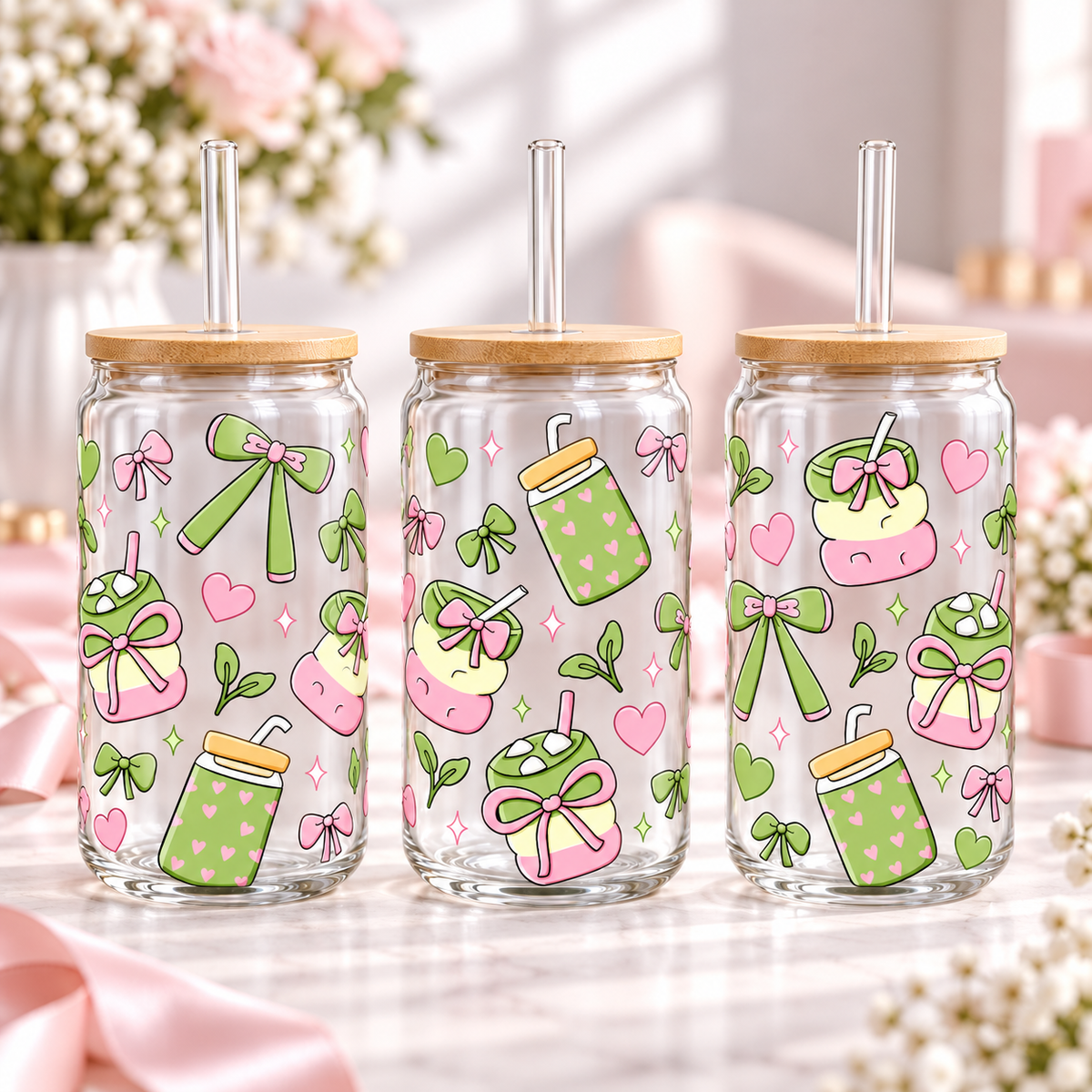 Matcha Bows & Hearts clear 16oz glass can — three views; listing includes one cup