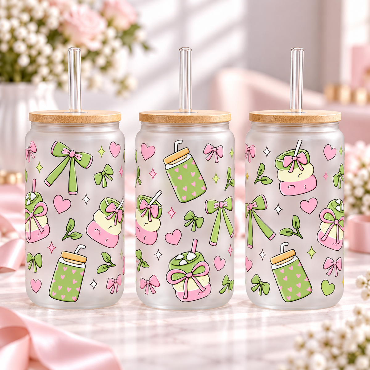 Matcha Bows & Hearts frosted 16oz glass can — three views; listing includes one cup