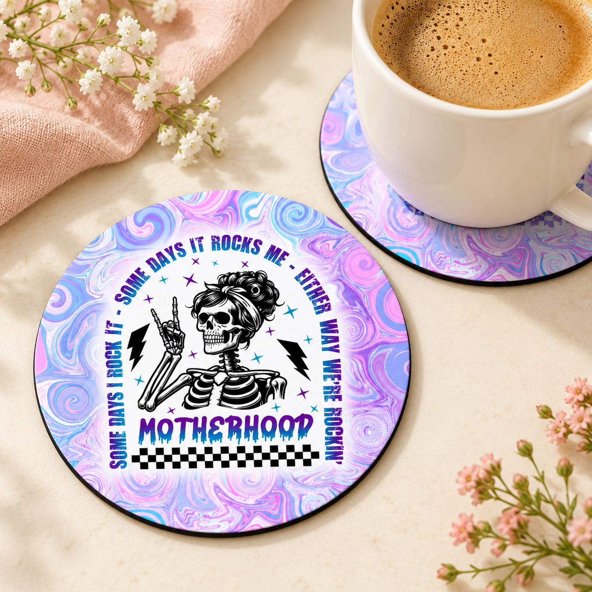 Motherhood Either Way We're Rockin' round coaster set of two with thin black rubber backing