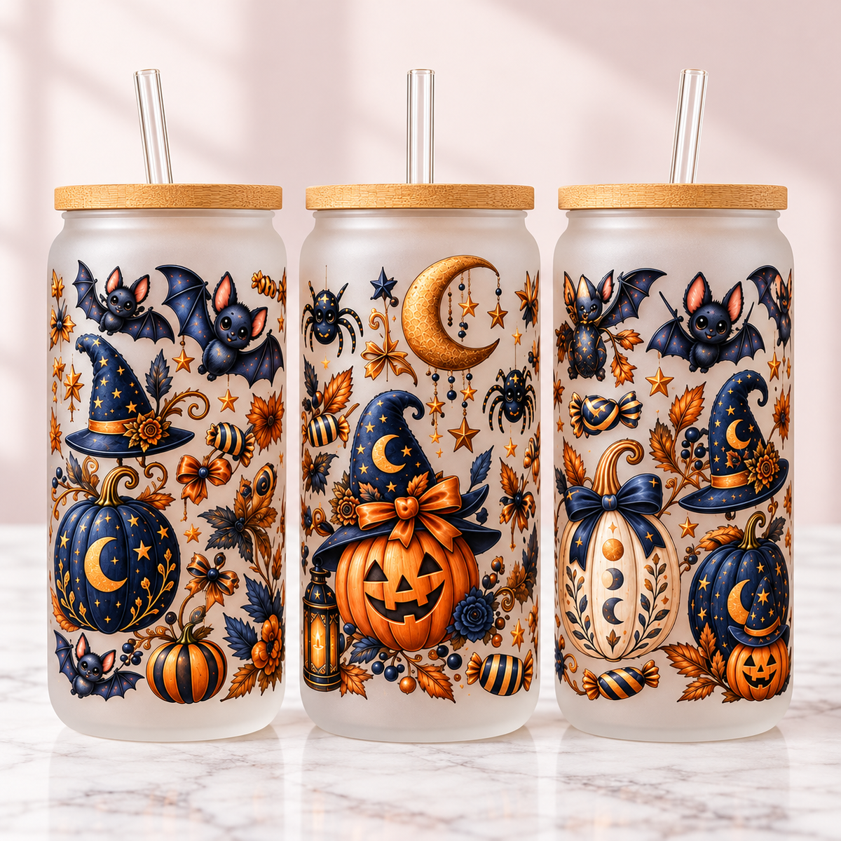 Navy & Gold Celestial Halloween Glass Can Tumbler — frosted; complementary views of one product