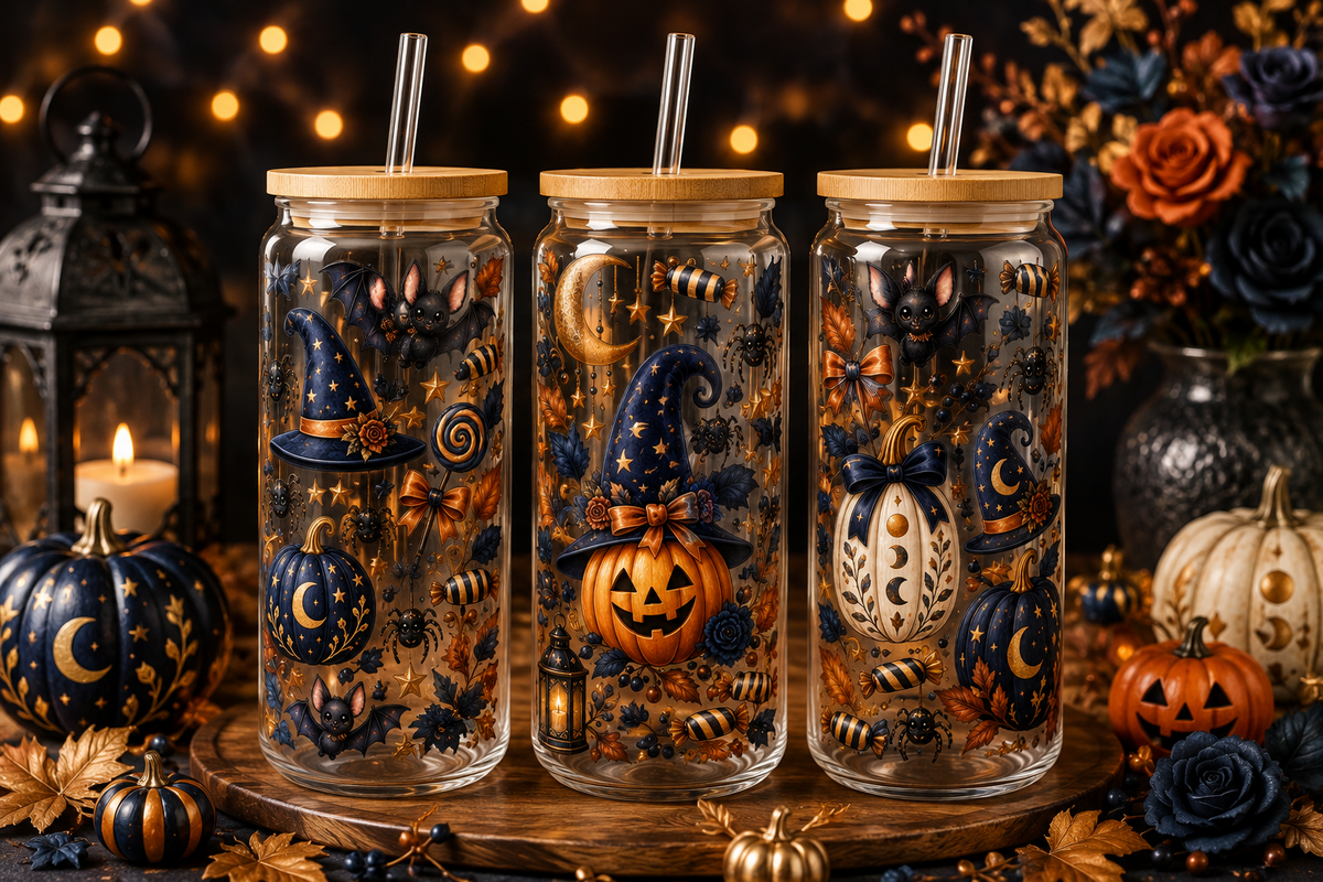 Navy & Gold Celestial Halloween Glass Can Tumbler – alternate lifestyle view