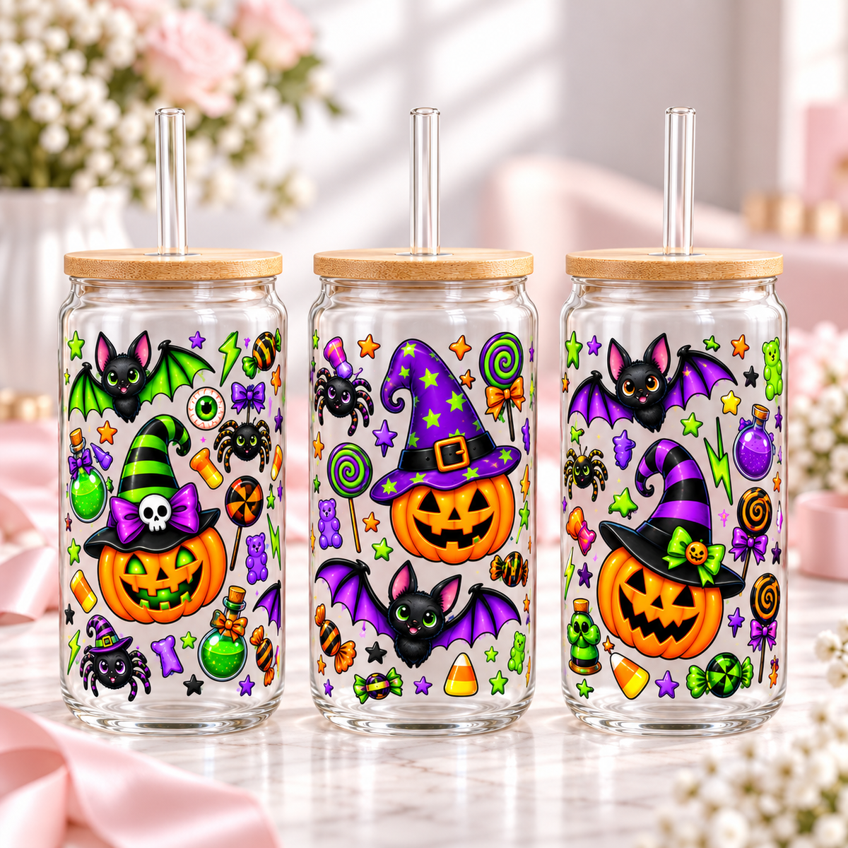Neon Purple & Green Halloween Glass Can Tumbler — clear; complementary views of one product