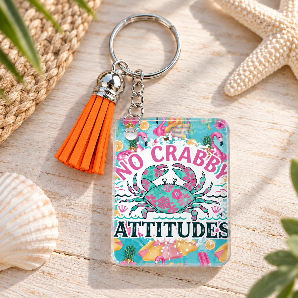 No Crabby Attitudes keychain with orange tassel