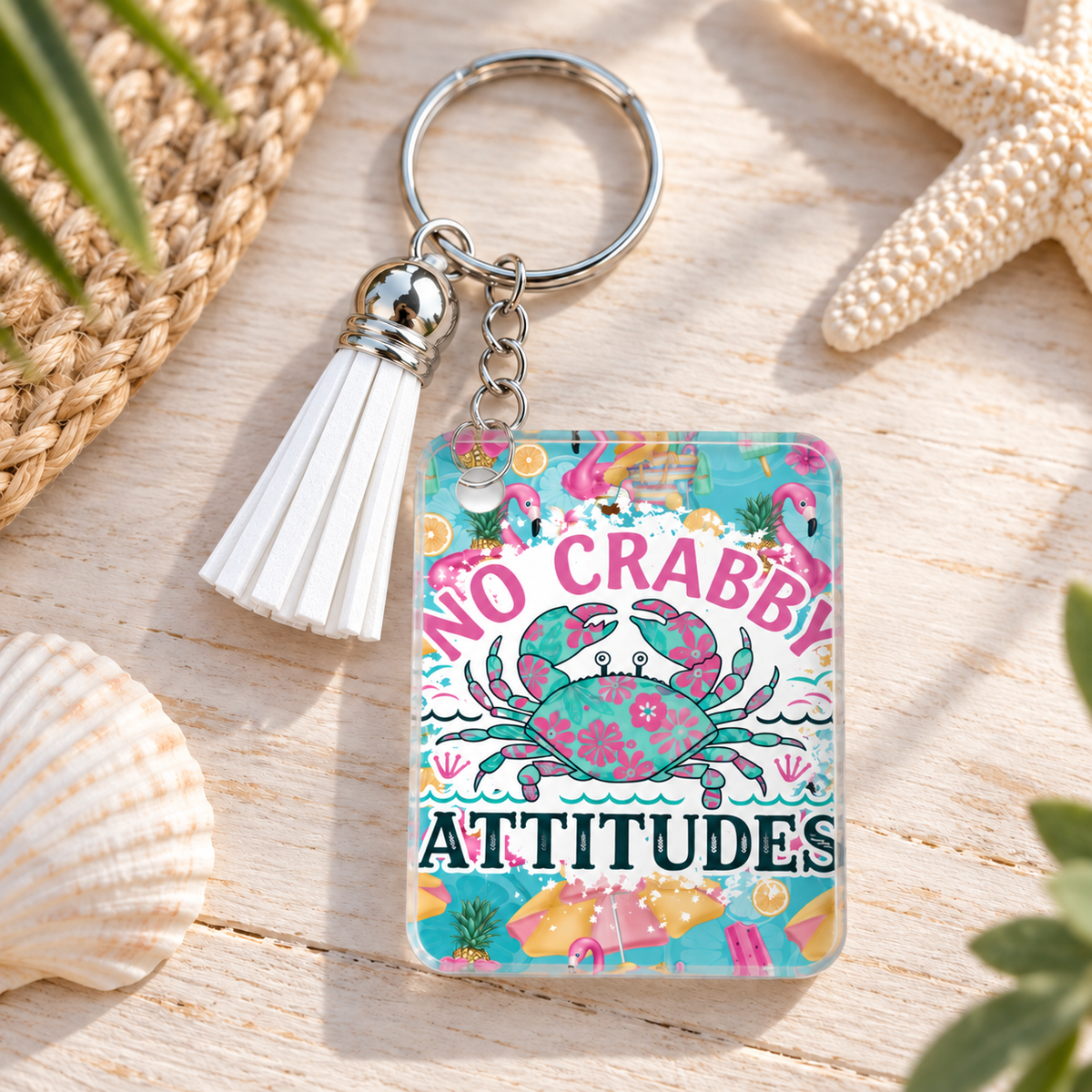 No Crabby Attitudes keychain with white tassel