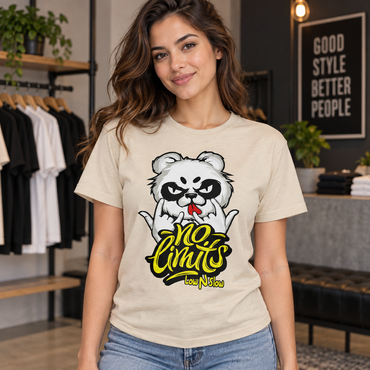 No Limits Panda on Beige T-Shirt